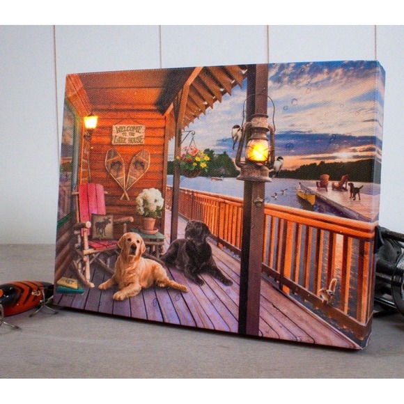 Glow Decor Lighted Lake House Canvas Art Two Dogs on Porch Sunset Scene New - Picture 1 of 7